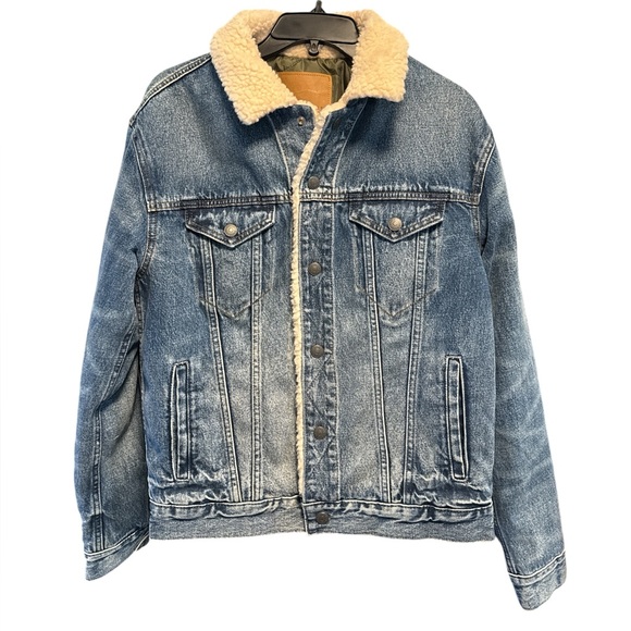 American Eagle Blue Denim Sherpa Lined Jacket Women’s Small Classic Jean Coat - Picture 1 of 7